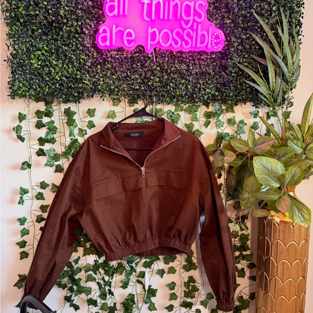 AKIRA Brown Half-Zip Crop Top